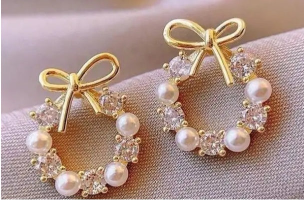 Round Pearl & Stone Stud Earrings with Bow Design – Elegant & Lightweight