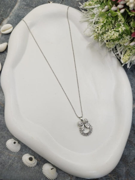 Designer Silver Bow Round Pendant Necklace