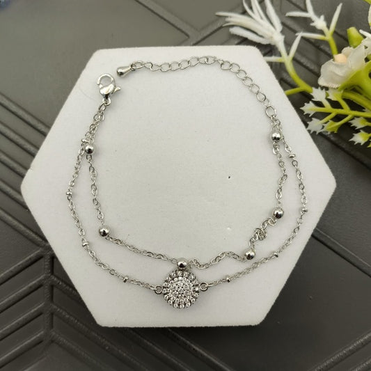 Double Layer Silver Bracelet/Anklet – Stone & Silver Pearl Design, Adjustable, Anti-Tarnish