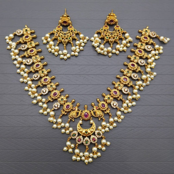 Traditional Matte Gold Necklace Set with Pearl Accents