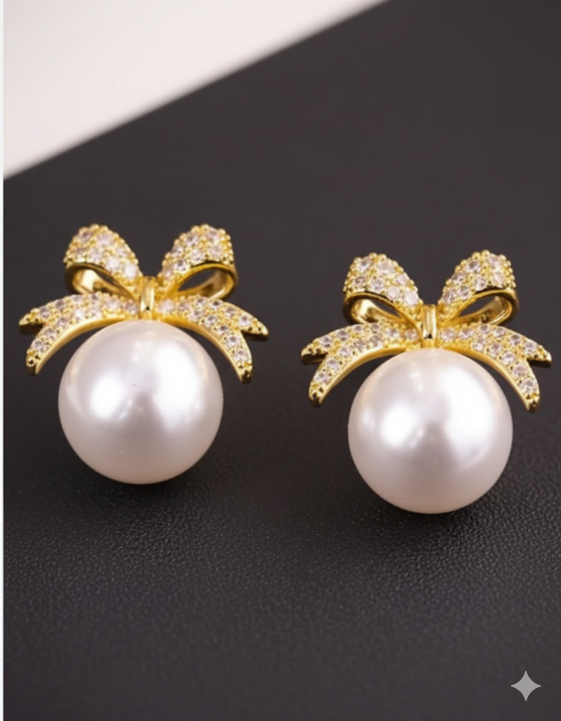 Bow with Pearl Korean Stud Earrings – Elegant & Lightweight