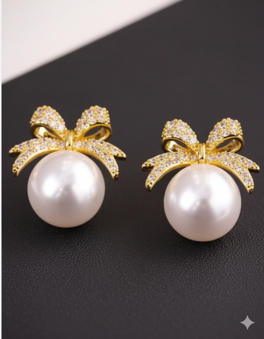Bow with Pearl Korean Stud Earrings – Elegant & Lightweight