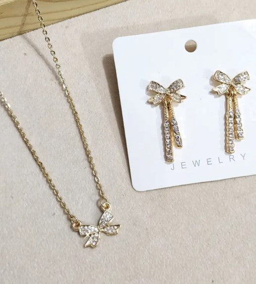 Bow Earrings & Neck Chain Combo – Anti-Tarnish, Elegant Set