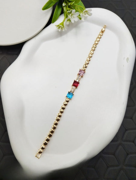 3-Coloured Stone Bracelet – Vibrant Gold-Plated Design