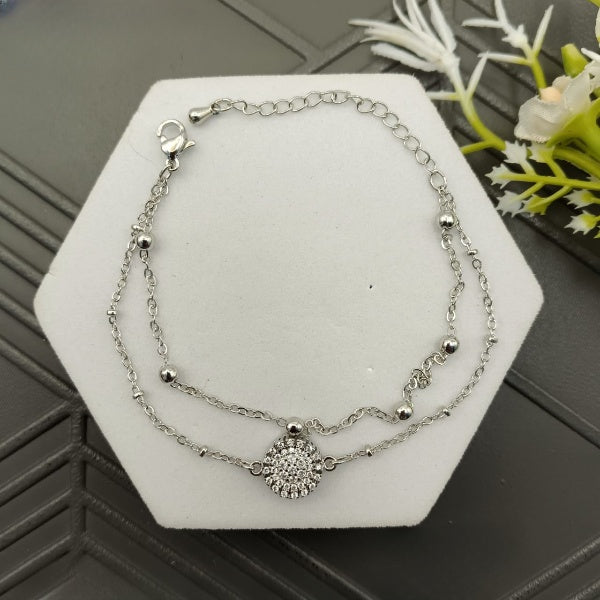 Double Layer Silver Bracelet/Anklet – Stone & Silver Pearl Design, Adjustable, Anti-Tarnish