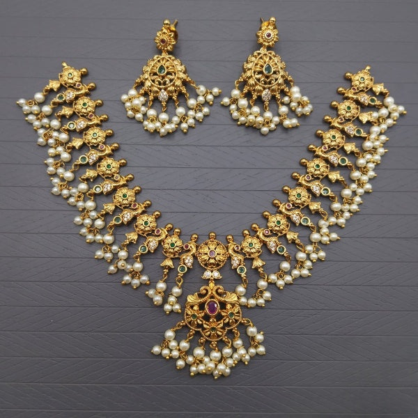 Elegant Matte Gold Necklace Set with White Pearls