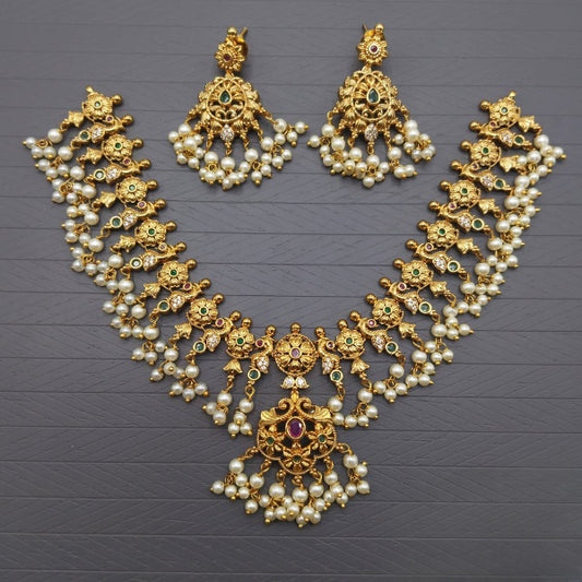 Elegant Matte Gold Necklace Set with White Pearls