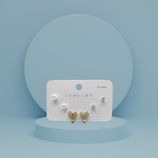 Bow Charm 3-Step Earrings – Stylish Layered Design